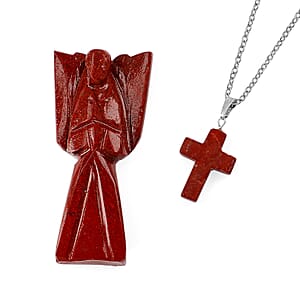 2pc Red Jasper Gemstone Angel with Matching Cross Pendant Necklace (24-26 Inches) in Silvertone