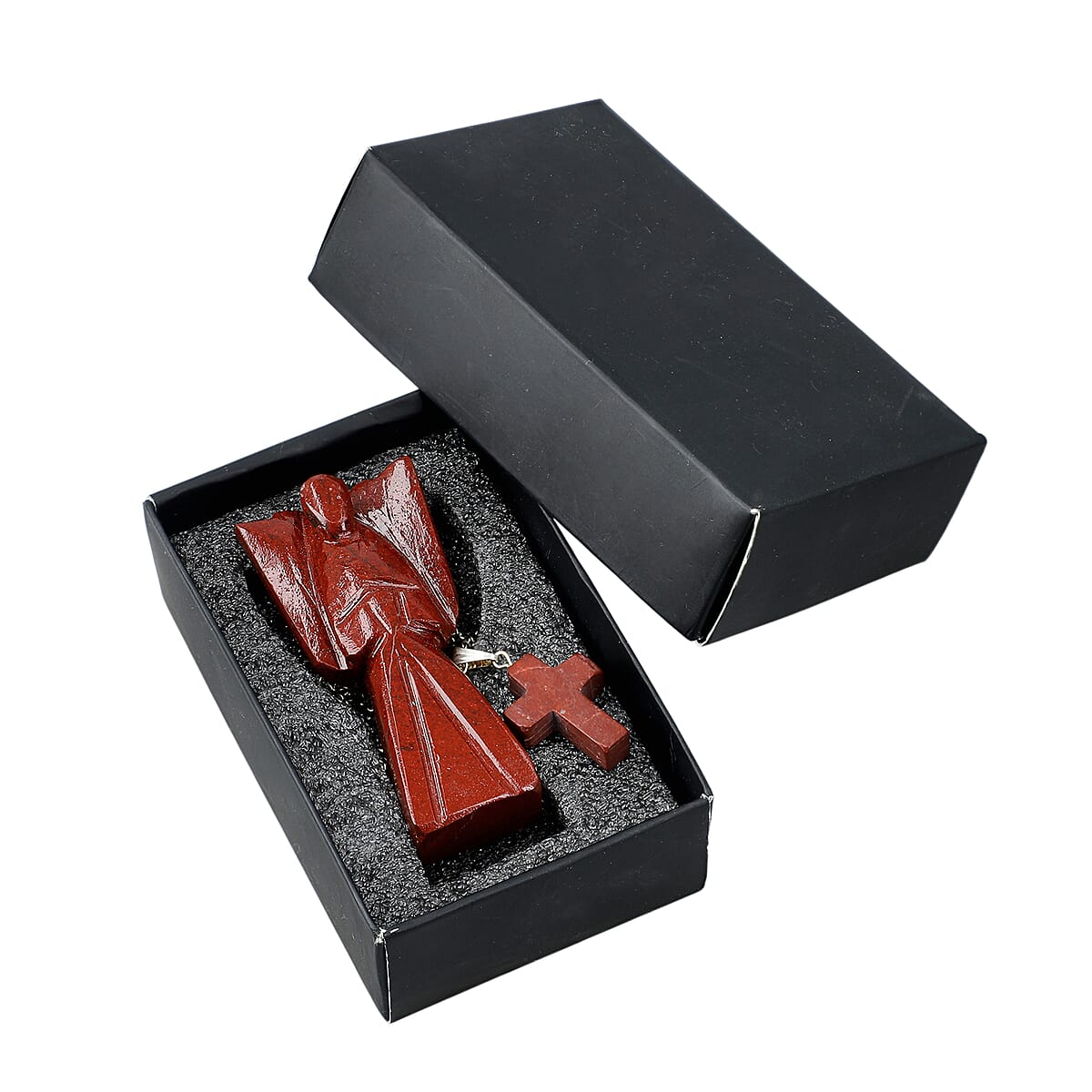 2pc Red Jasper Gemstone Angel with Matching Cross Pendant Necklace (24-26 Inches) in Silvertone image number 1