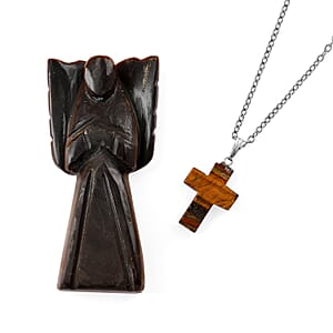2pc Tigers Eye Gemstone Angel with Matching Cross Pendant Necklace (24-26 Inches) in Silvertone
