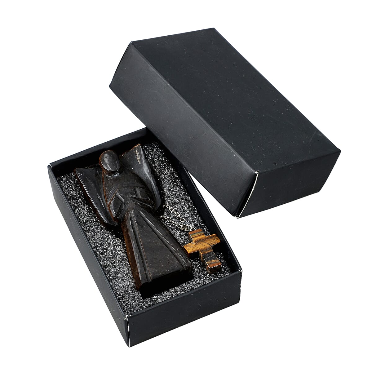 2pc Tigers Eye Gemstone Angel with Matching Cross Pendant Necklace (24-26 Inches) in Silvertone image number 1