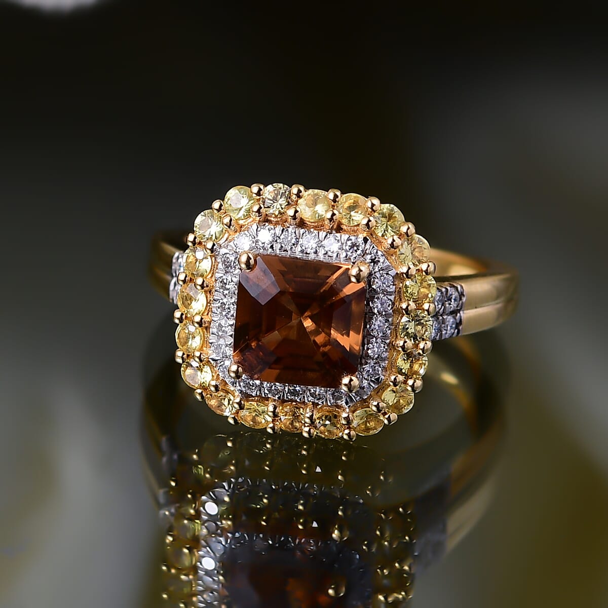 D'Joy AAA Golden Turkizite and Multi Gemstone 3.25 ctw Art Deco Ring in 18K Vermeil Yellow Gold Over Sterling Silver (Size 10.0) image number 1