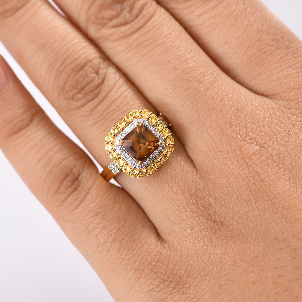 D'Joy AAA Golden Turkizite and Multi Gemstone 3.25 ctw Art Deco Ring in 18K Vermeil Yellow Gold Over Sterling Silver (Size 10.0) image number 2