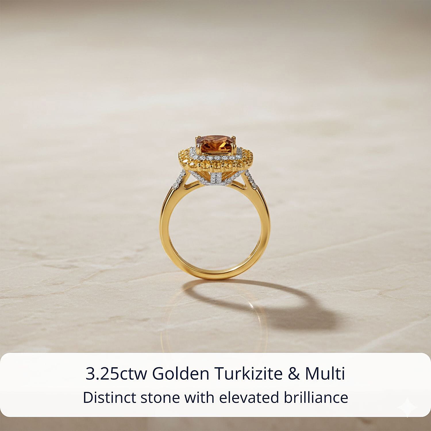 D'Joy AAA Golden Turkizite and Multi Gemstone 3.25 ctw Solar Blaze Ring in 18K Vermeil Yellow Gold Over Sterling Silver (Size 10.0)