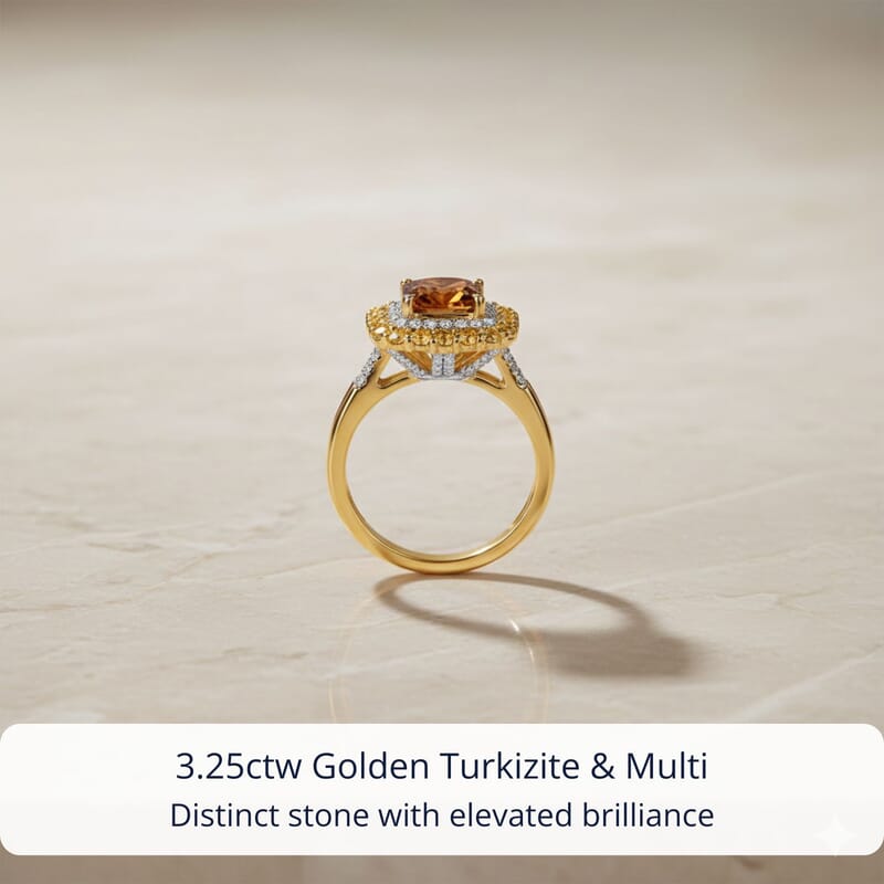 D'Joy AAA Golden Turkizite and Multi Gemstone 3.25 ctw Solar Blaze Ring in 18K Vermeil Yellow Gold Over Sterling Silver (Size 10.0)