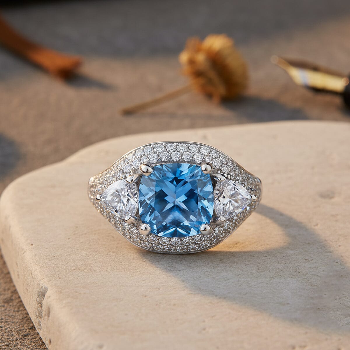 D'Joy Blue and White Moissanite Legacy Sparkle Ring in Rhodium Over Sterling Silver 4.80 ctw (Size 8.0) image number 1