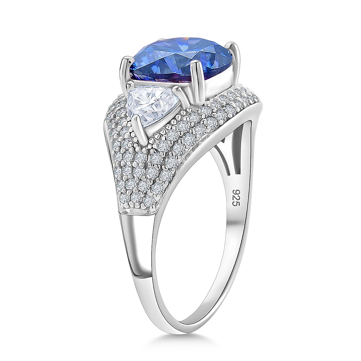 D'Joy Blue and White Moissanite Legacy Sparkle Ring in Rhodium Over Sterling Silver 4.80 ctw (Size 8.0) image number 3