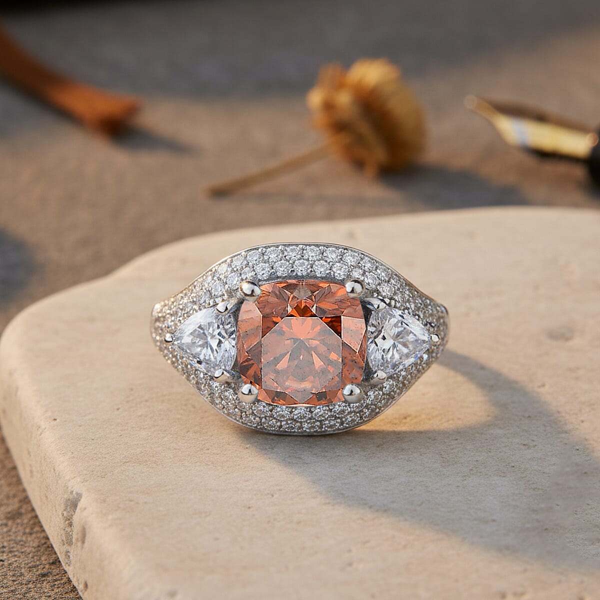 D'Joy Champagne and White Moissanite Legacy Sparkle Ring in Rhodium Over Sterling Silver 4.80 ctw (Size 10.0) image number 1