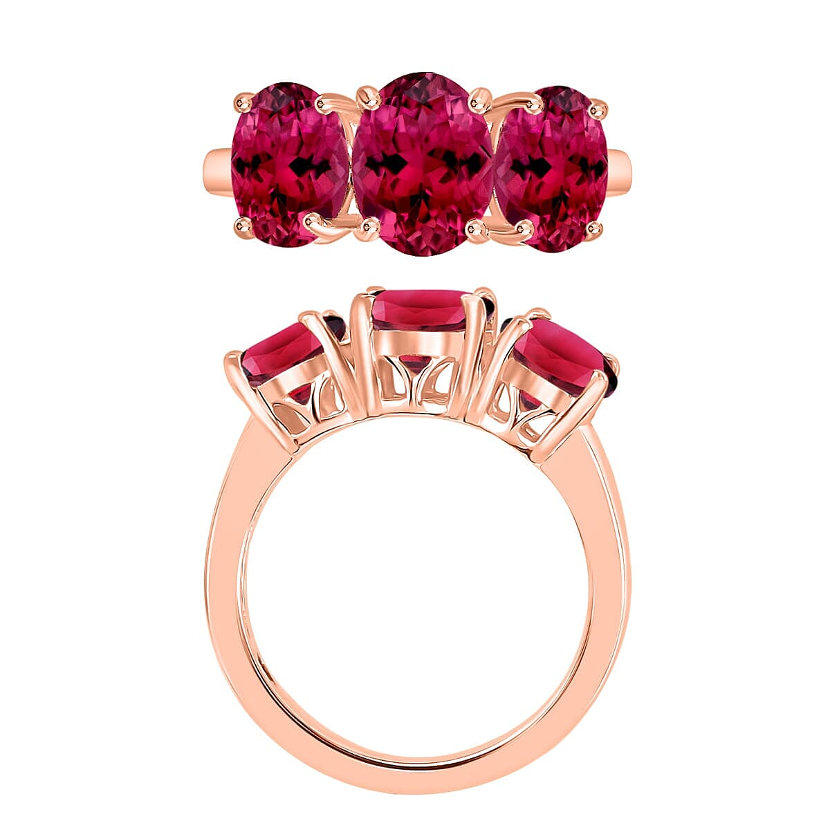 Rhapsody AAAA Ouro Fino Rubellite 5.00 ctw 3 Stone Ring in 18K Rose Gold (Size 10.5) 6 Grams (Del. in 10-12 Days) image number 3
