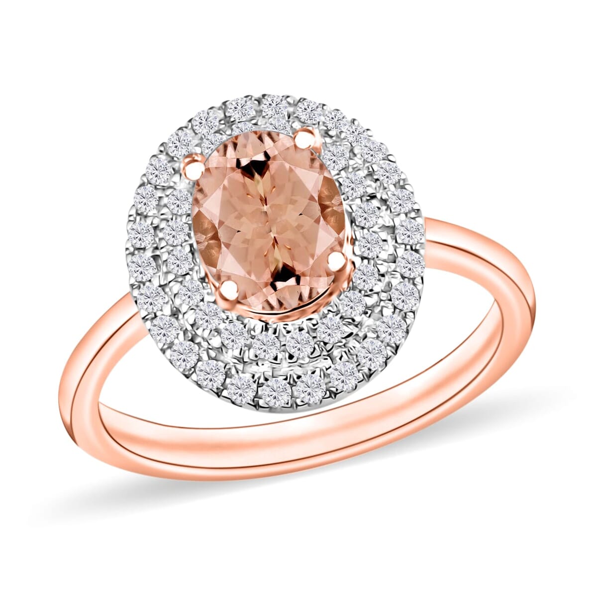 Rhapsody AAAA Pink Morganite and E-F VS2 Diamond 1.65 ctw Double Halo Ring in 18K Rose Gold (Size 10.0) 4 Grams image number 0