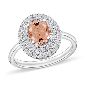 Rhapsody AAAA Pink Morganite and E-F VS2 Diamond 1.65 ctw Double Halo Ring in 18K White Gold (Size 10.0) 4 Grams