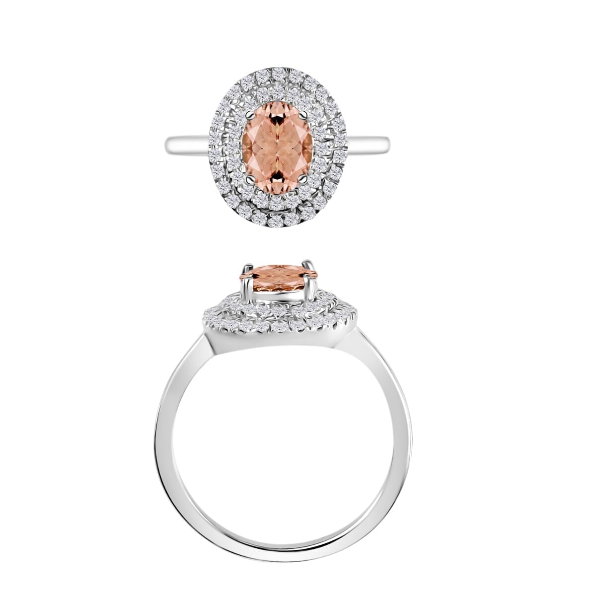 Rhapsody AAAA Pink Morganite and E-F VS2 Diamond 1.65 ctw Double Halo Ring in 18K White Gold (Size 10.0) 4 Grams image number 3