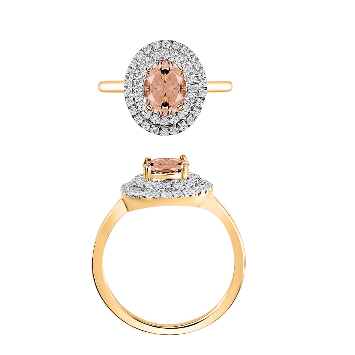 Rhapsody AAAA Pink Morganite and E-F VS2 Diamond 1.65 ctw Double Halo Ring in 18K Yellow Gold (Size 4.0) 4 Grams (Del. in 10-12 Days) image number 3
