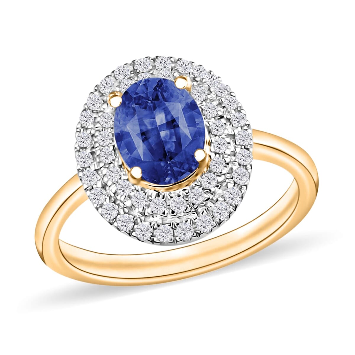 Rhapsody AAAA Ceylon Blue Sapphire and E-F VS2 Diamond 1.65 ctw Double Halo Ring in 18K Yellow Gold (Size 5.0) 4 Grams image number 0