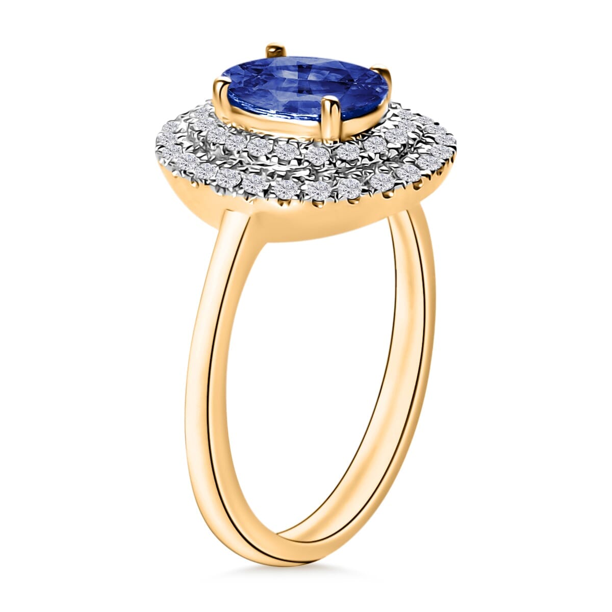 Rhapsody AAAA Ceylon Blue Sapphire and E-F VS2 Diamond 1.65 ctw Double Halo Ring in 18K Yellow Gold (Size 5.0) 4 Grams image number 2