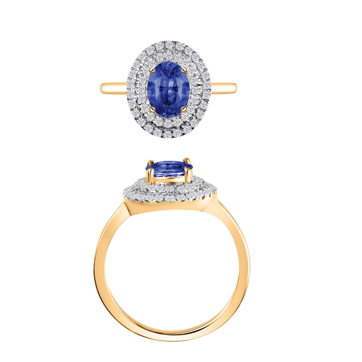 Rhapsody AAAA Ceylon Blue Sapphire and E-F VS2 Diamond 1.65 ctw Double Halo Ring in 18K Yellow Gold (Size 5.0) 4 Grams image number 3