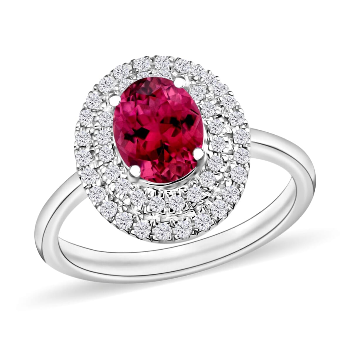 Rhapsody AAAA Ouro Fino Rubellite and E-F VS2 Diamond 1.55 ctw Double Halo Ring in 18K White Gold (Size 10.0) image number 0