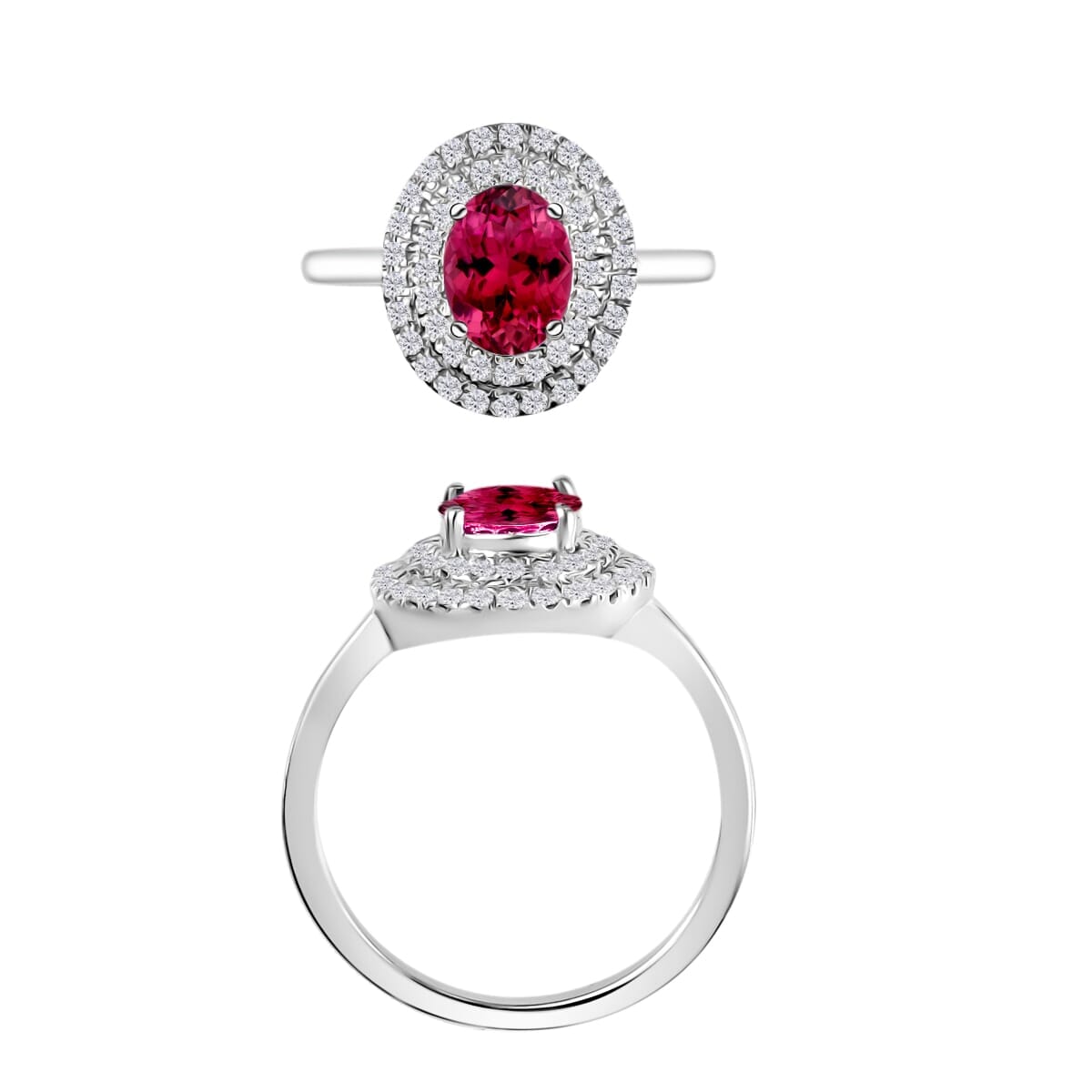 Rhapsody AAAA Ouro Fino Rubellite and E-F VS2 Diamond 1.55 ctw Double Halo Ring in 18K White Gold (Size 10.0) image number 3
