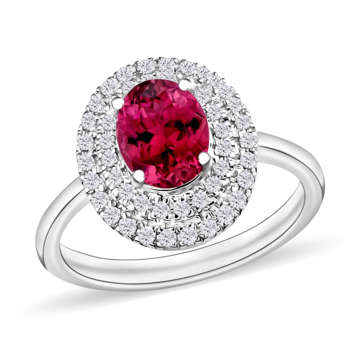Rhapsody AAAA Ouro Fino Rubellite and E-F VS2 Diamond 1.55 ctw Double Halo Ring in 18K White Gold (Size 7.5) image number 0