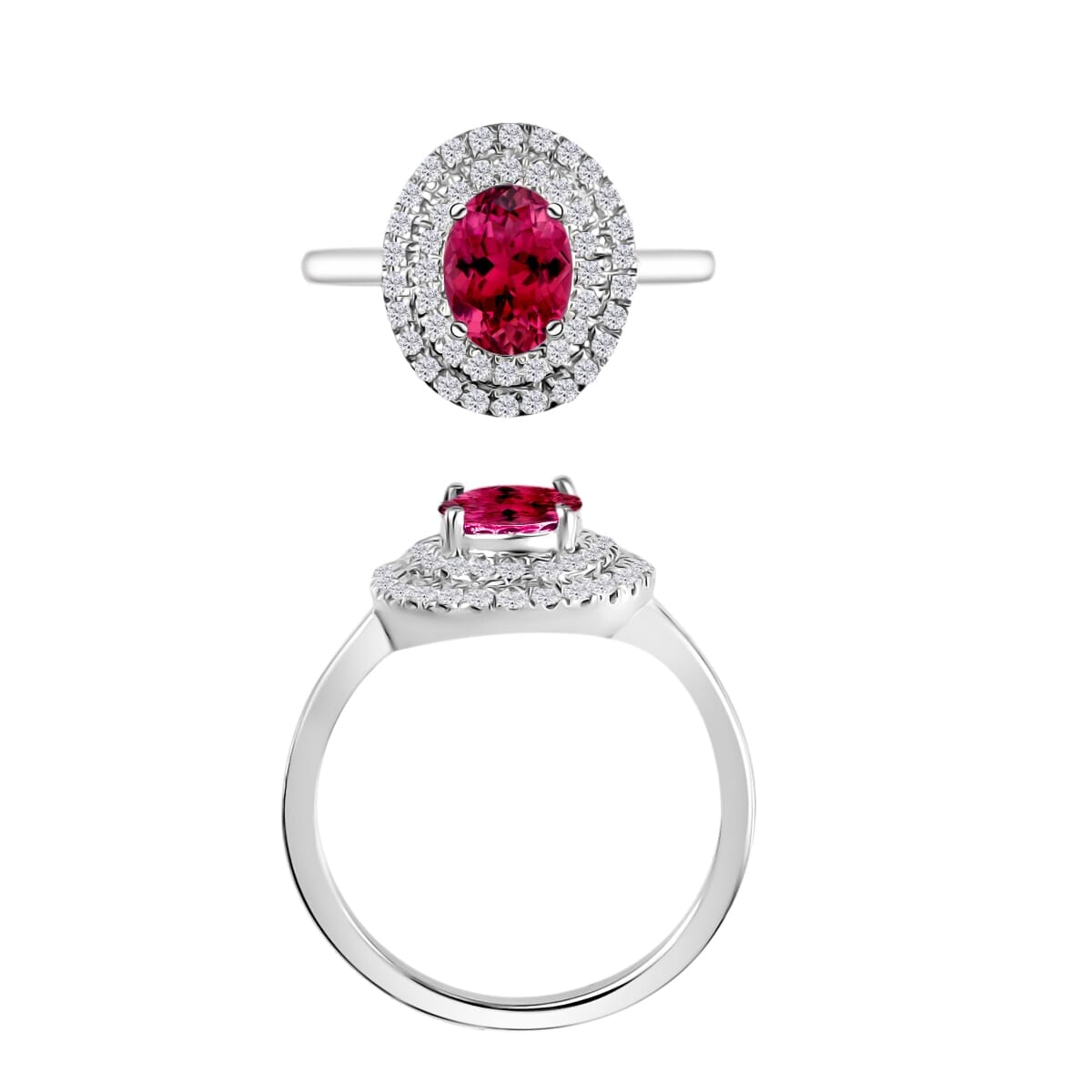 Rhapsody AAAA Ouro Fino Rubellite and E-F VS2 Diamond 1.55 ctw Double Halo Ring in 18K White Gold (Size 7.5) image number 3