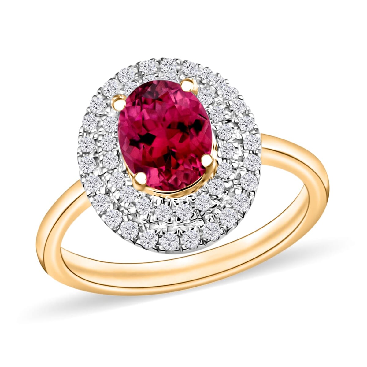 Rhapsody AAAA Ouro Fino Rubellite and E-F VS2 Diamond 1.55 ctw Double Halo Ring in 18K Yellow Gold (Size 4.5) image number 0
