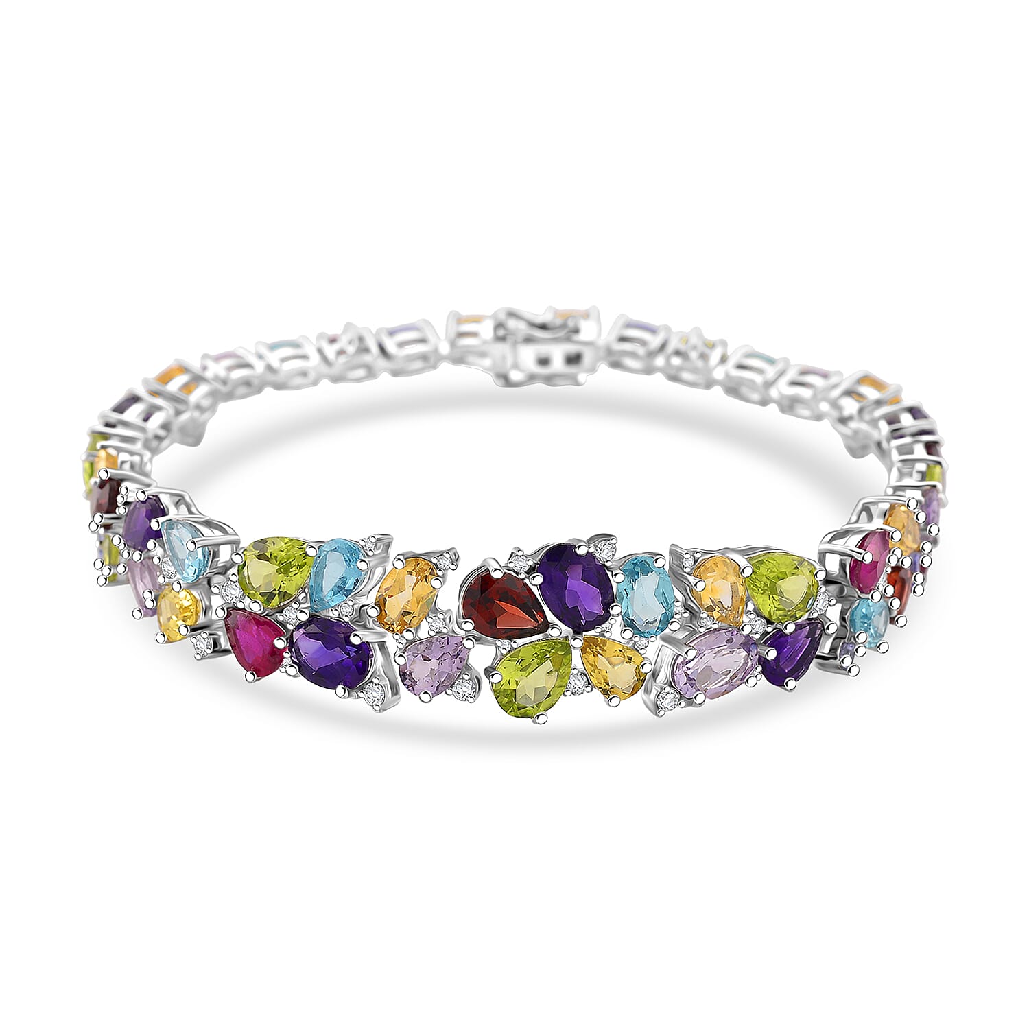 D'Joy Multi Gemstone 20.00 ctw Bracelet in Rhodium Over Sterling Silver (6.50 In)