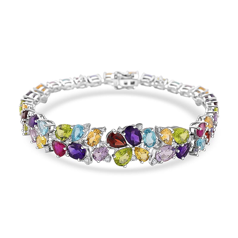 D'Joy Multi Gemstone 20.00 ctw Bracelet in Rhodium Over Sterling Silver (6.50 In)