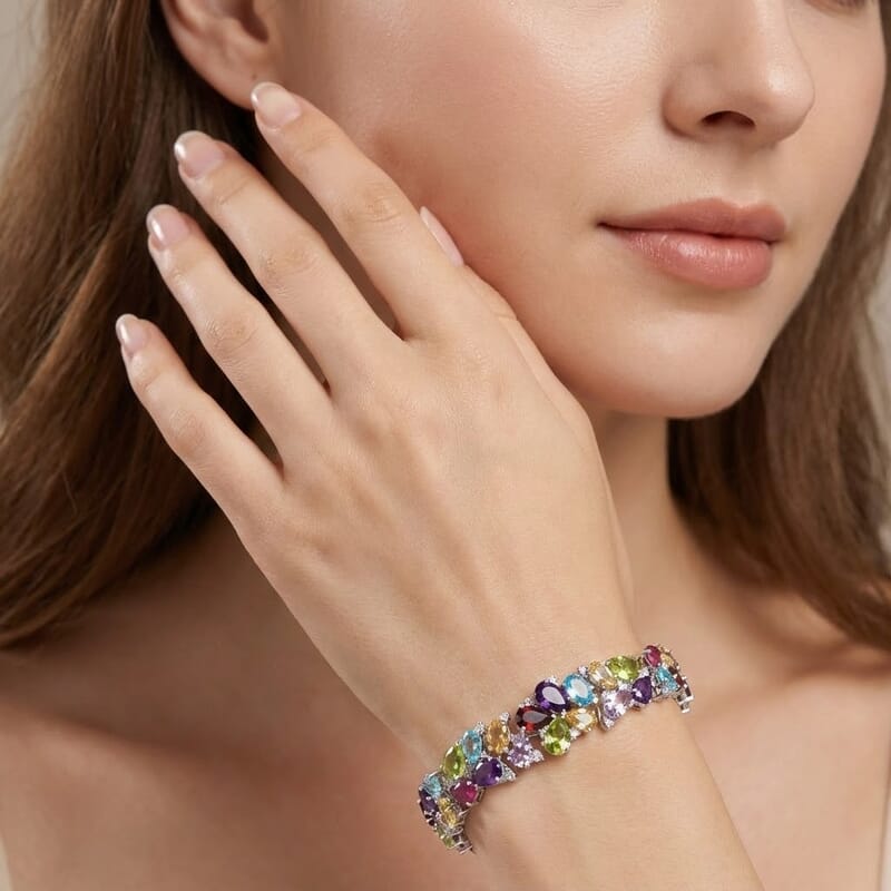 D'Joy Multi Gemstone 20.00 ctw Bracelet in Rhodium Over Sterling Silver (6.50 In)