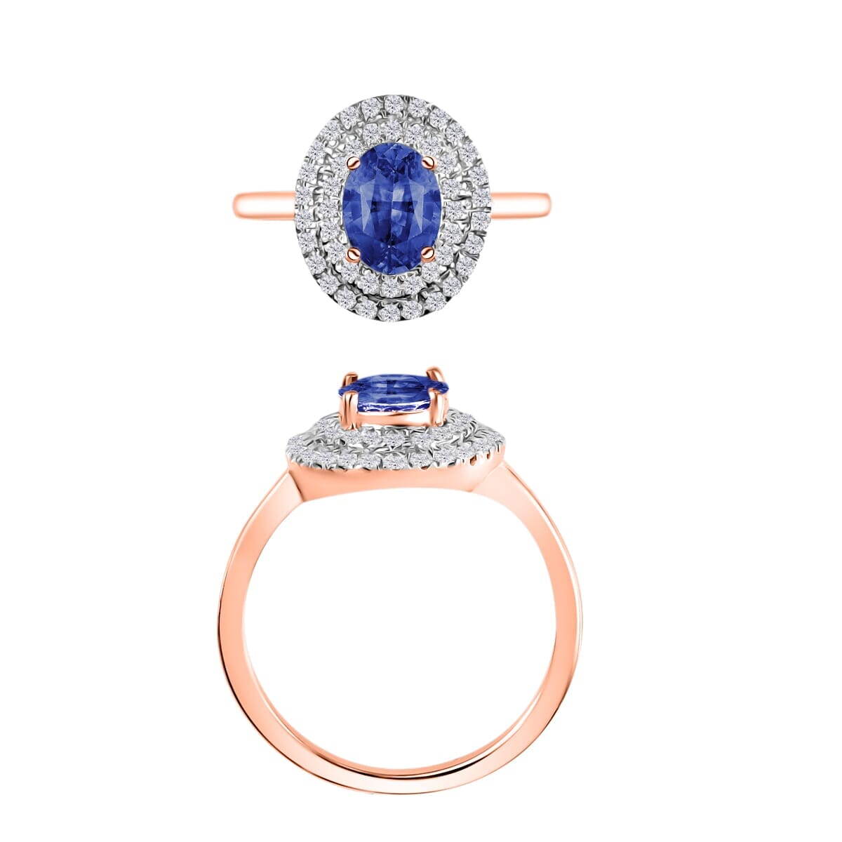 Rhapsody AAAA Ceylon Blue Sapphire and E-F VS2 Diamond 1.65 ctw Double Halo Ring in 18K Rose Gold (Size 6.0) 4 Grams image number 3