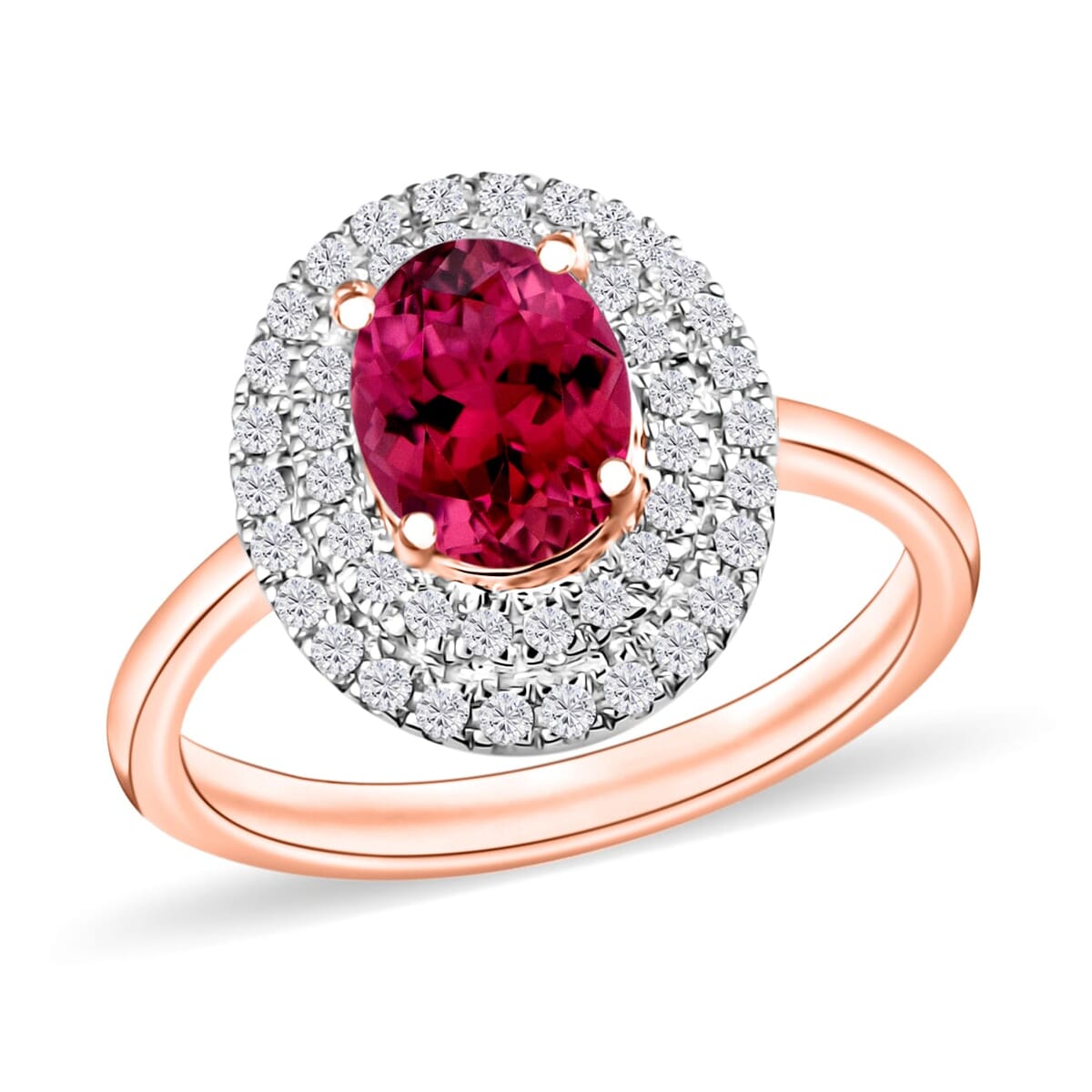 Rhapsody AAAA Ouro Fino Rubellite and E-F VS2 Diamond 1.55 ctw Double Halo Ring in 18K Rose Gold (Size 9.0) image number 0