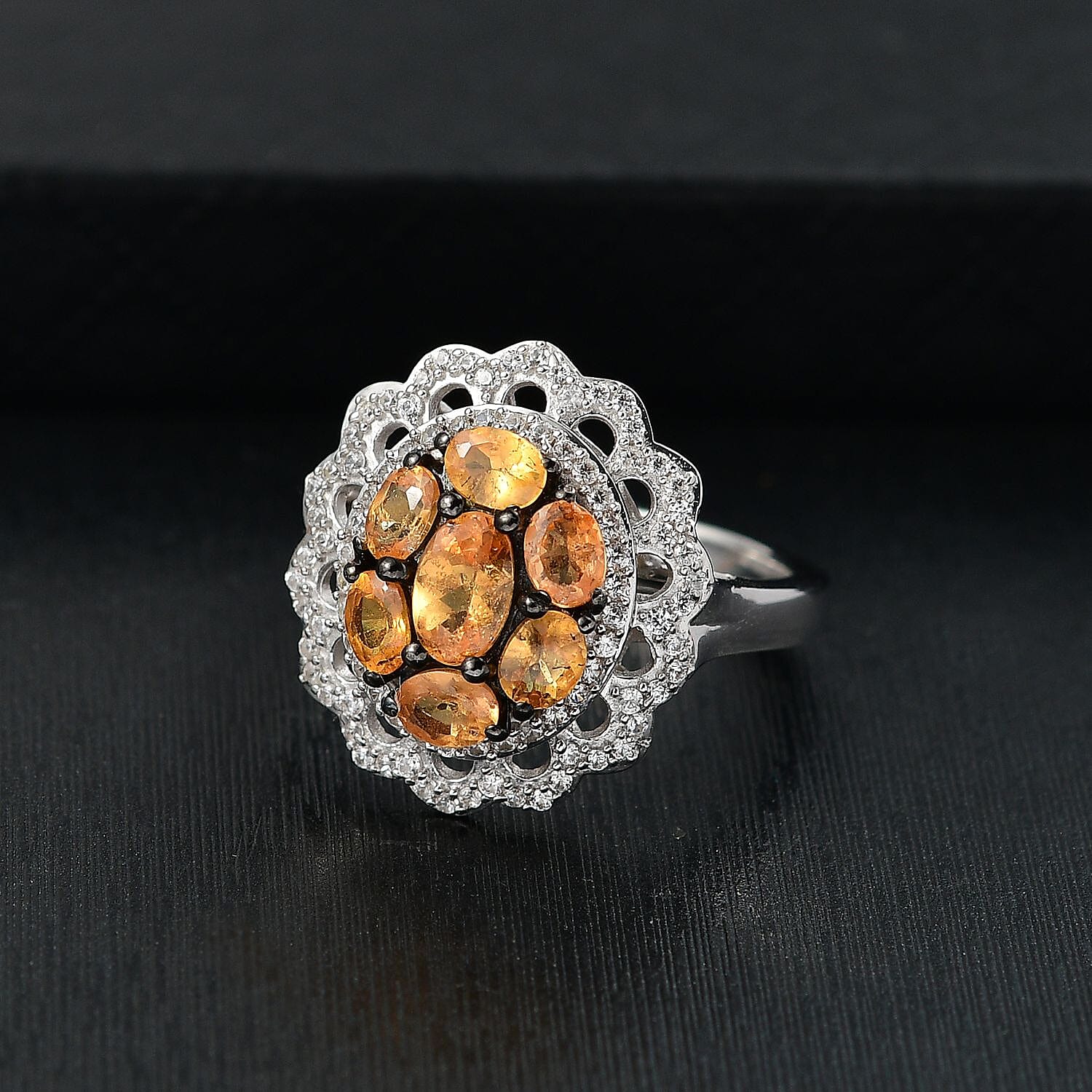 D'Joy Tanzanian Mandarin Garnet and White Zircon 2.80 ctw Celestial Bloom Ring in Rhodium Over Sterling Silver (Size 10.0)