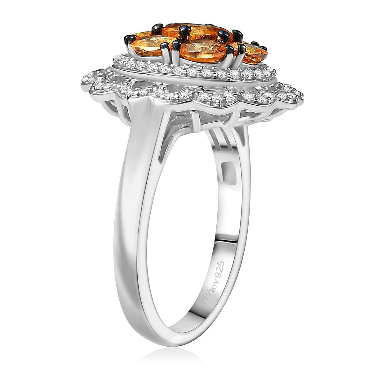 D'Joy Tanzanian Mandarin Garnet and White Zircon 2.80 ctw Celestial Bloom Ring in Rhodium Over Sterling Silver (Size 10.0)