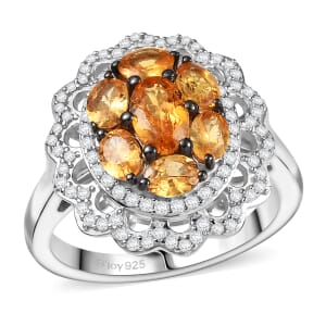 D'Joy Tanzanian Mandarin Garnet and White Zircon 2.80 ctw Celestial Bloom Ring in Rhodium Over Sterling Silver (Size 7.0)