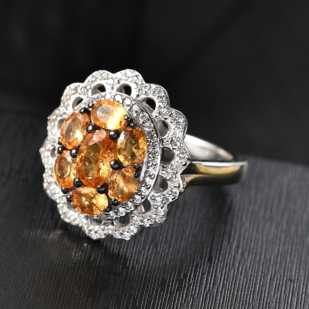 D'Joy Tanzanian Mandarin Garnet and White Zircon 2.80 ctw Celestial Bloom Ring in Rhodium Over Sterling Silver (Size 7.0) image number 1