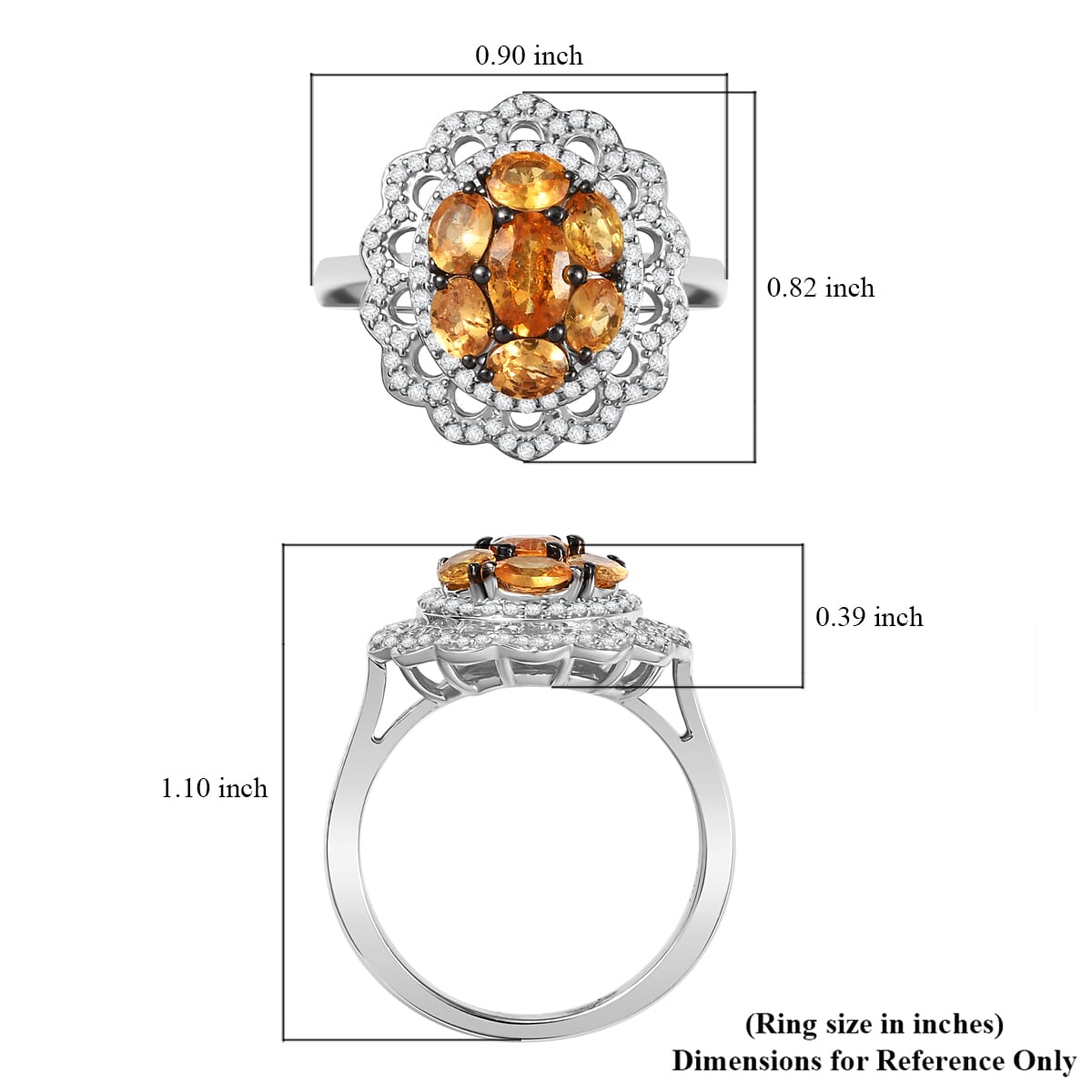 D'Joy Tanzanian Mandarin Garnet and White Zircon 2.80 ctw Celestial Bloom Ring in Rhodium Over Sterling Silver (Size 7.0) image number 5
