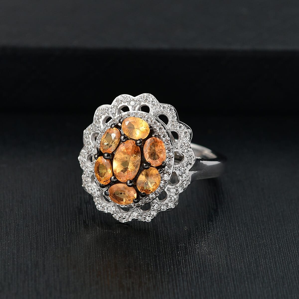 D'Joy Tanzanian Mandarin Garnet and White Zircon 2.80 ctw Celestial Bloom Ring in Rhodium Over Sterling Silver (Size 8.0) image number 1