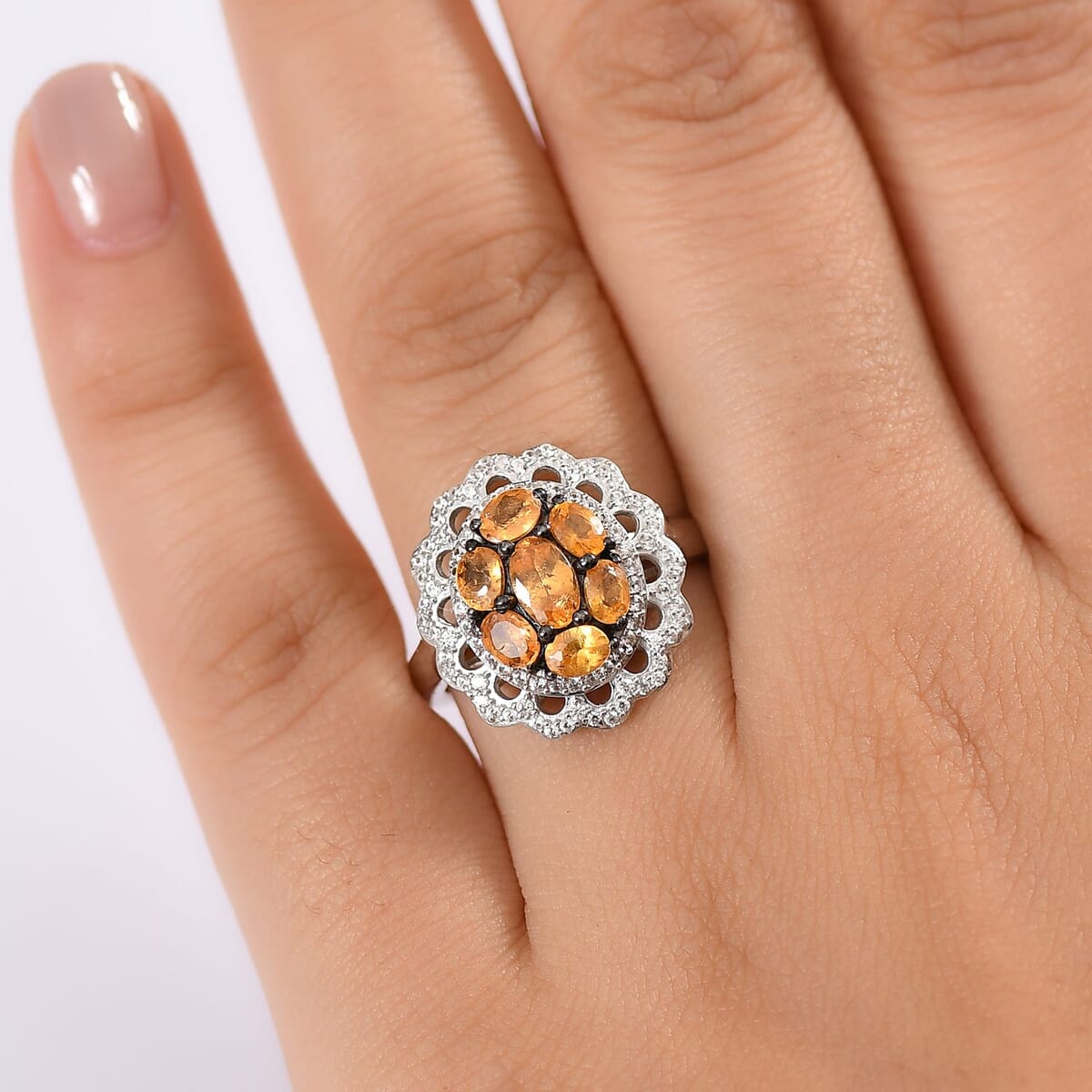 D'Joy Tanzanian Mandarin Garnet and White Zircon 2.80 ctw Celestial Bloom Ring in Rhodium Over Sterling Silver (Size 8.0) image number 2