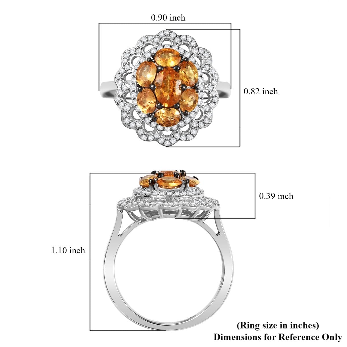 D'Joy Tanzanian Mandarin Garnet and White Zircon 2.80 ctw Celestial Bloom Ring in Rhodium Over Sterling Silver (Size 8.0) image number 5