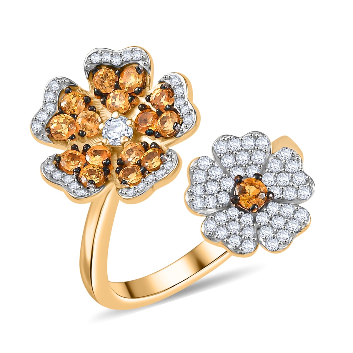 D'Joy Tanzanian Mandarin Garnet and Moissanite 1.50 ctw Twin Flame Bloom Ring in 18K Vermeil Yellow Gold Over Sterling Silver (Size 7.0) image number 0
