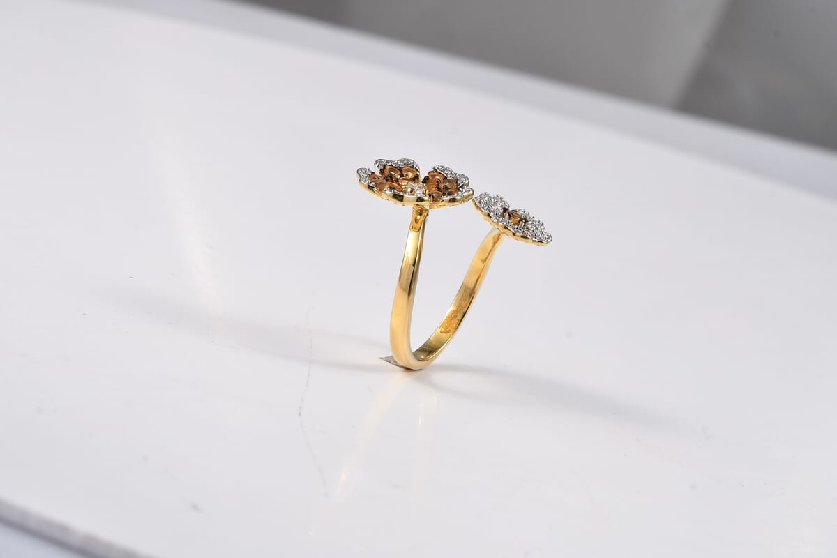 D'Joy Tanzanian Mandarin Garnet and Moissanite 1.50 ctw Twin Flame Bloom Ring in 18K Vermeil Yellow Gold Over Sterling Silver (Size 7.0) image number 3