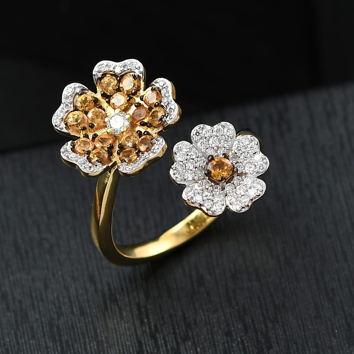 D'Joy Tanzanian Mandarin Garnet and Moissanite 1.50 ctw Twin Flame Bloom Ring in 18K Vermeil Yellow Gold Over Sterling Silver (Size 8.0) image number 1