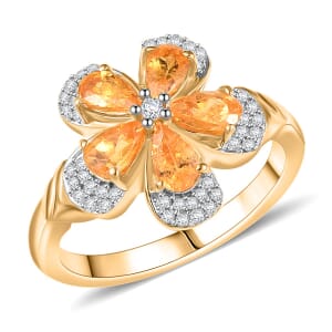 D'Joy Tanzanian Mandarin Garnet and White Zircon 1.60 ctw Blazing Blossom Ring in 18K Vermeil Yellow Gold Over Sterling Silver (Size 10.0) 