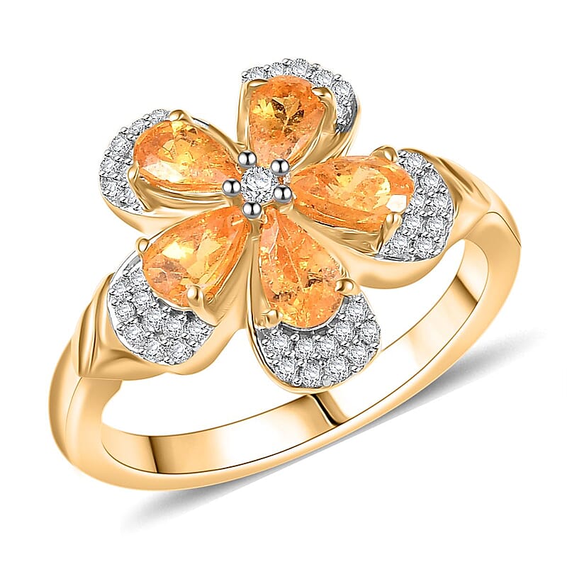 D'Joy Tanzanian Mandarin Garnet and White Zircon 1.60 ctw Blazing Blossom Ring in 18K Vermeil Yellow Gold Over Sterling Silver (Size 10.0) 