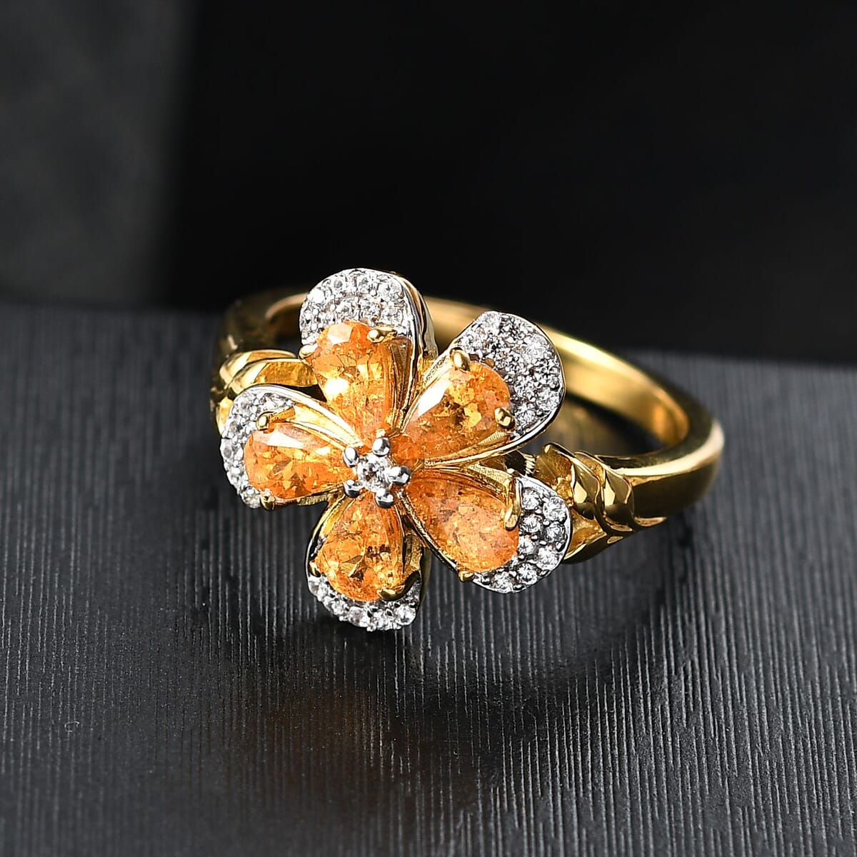 D'Joy Tanzanian Mandarin Garnet and White Zircon 1.60 ctw Blazing Blossom Ring in 18K Vermeil Yellow Gold Over Sterling Silver (Size 10.0)  image number 1