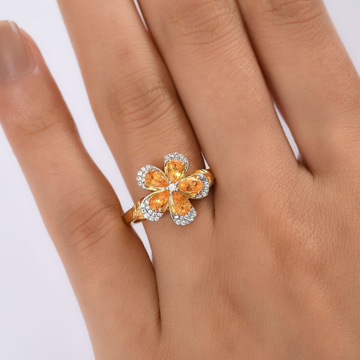 D'Joy Tanzanian Mandarin Garnet and White Zircon 1.60 ctw Blazing Blossom Ring in 18K Vermeil Yellow Gold Over Sterling Silver (Size 10.0)  image number 2