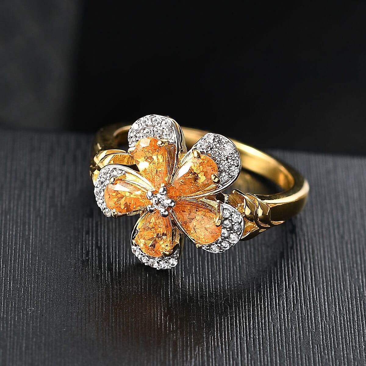 D'Joy Tanzanian Mandarin Garnet and White Zircon 1.60 ctw Blazing Blossom Ring in 18K Vermeil Yellow Gold Over Sterling Silver (Size 5.0)  image number 1