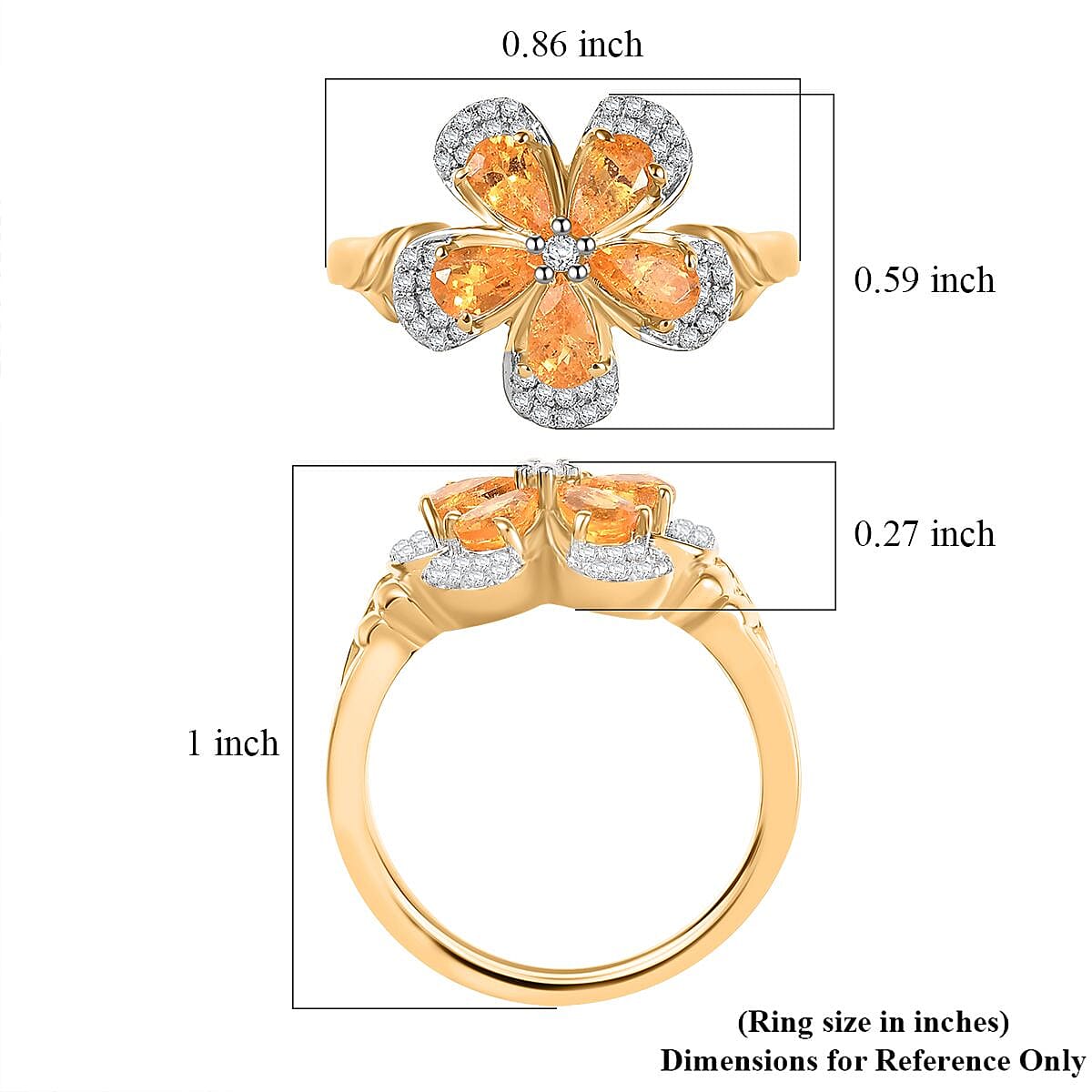 D'Joy Tanzanian Mandarin Garnet and White Zircon 1.60 ctw Blazing Blossom Ring in 18K Vermeil Yellow Gold Over Sterling Silver (Size 5.0)  image number 5
