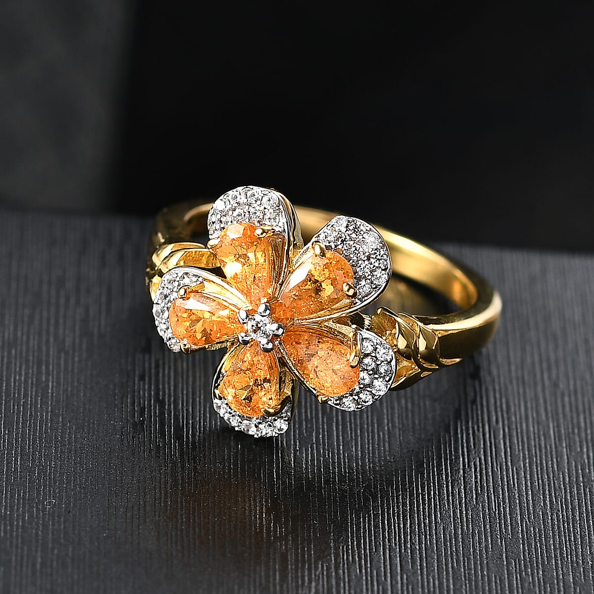 D'Joy Tanzanian Mandarin Garnet and White Zircon 1.60 ctw Blazing Blossom Ring in 18K Vermeil Yellow Gold Over Sterling Silver (Size 7.0)  image number 1