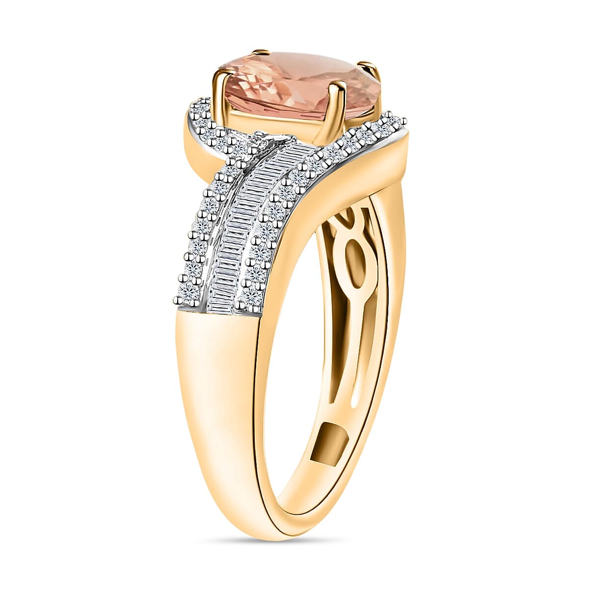 Rhapsody AAAA Pink Morganite and E-F VS2 Diamond 1.75 ctw Ring in 18K Yellow Gold (Size 11.0) 4.95 Grams (Del. in 10-12 Days) image number 2