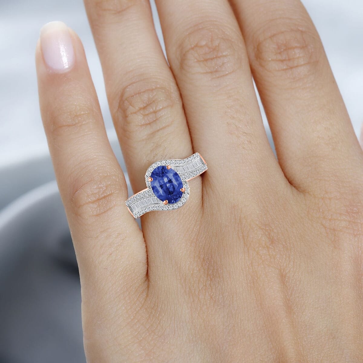 Rhapsody AAAA Ceylon Blue Sapphire and E-F VS2 Diamond 1.75 ctw Ring in 18K Rose Gold (Size 7.5) 4.95 Grams image number 1