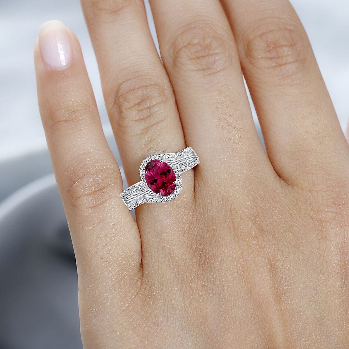 Rhapsody AAAA Ouro Fino Rubellite and E-F VS2 Diamond 1.65 ctw Ring in 18K White Gold (Size 10.0) 4.95 Grams (Del. in 10-12 Days) image number 1